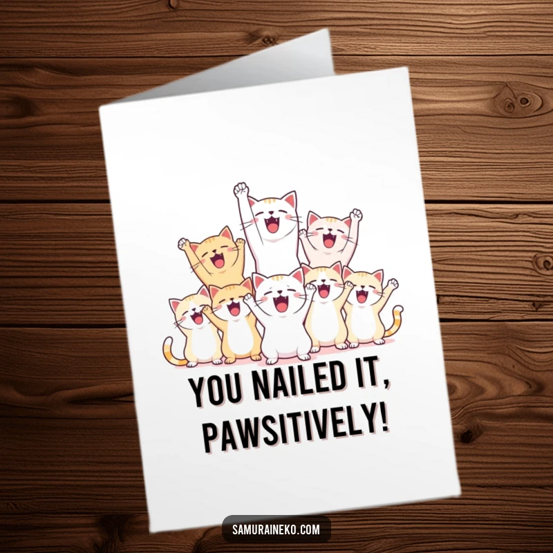 Funny Free Printable Congratulations Card, a pack of ecstatic cats shouting in victory with paws in the air, celebrating a grand success.