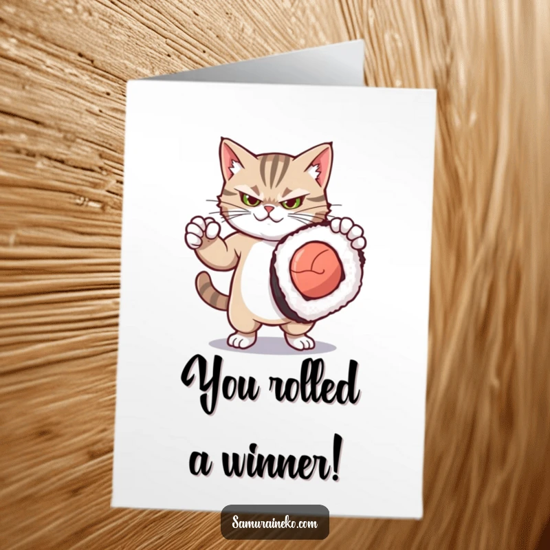 Funny Free Printable Congratulations Card: Fierce kitty in a dramatic pose with an oversized sushi roll, celebrating a big win.