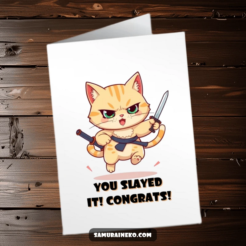 Funny Free Printable Congratulations Card: A determined cat leaps mid-air, sword raised, celebrating a hard-earned victory.