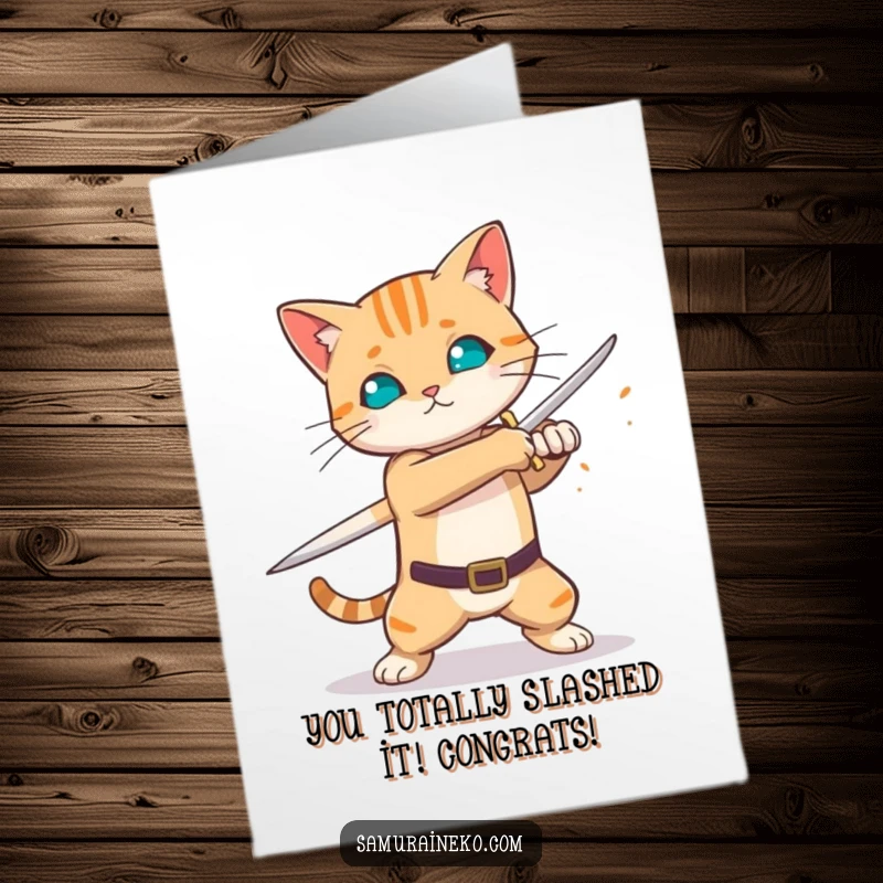 Funny Free Printable Congratulations Card: A cat practices a swift sword swing, with bright sparks flying from the blade.