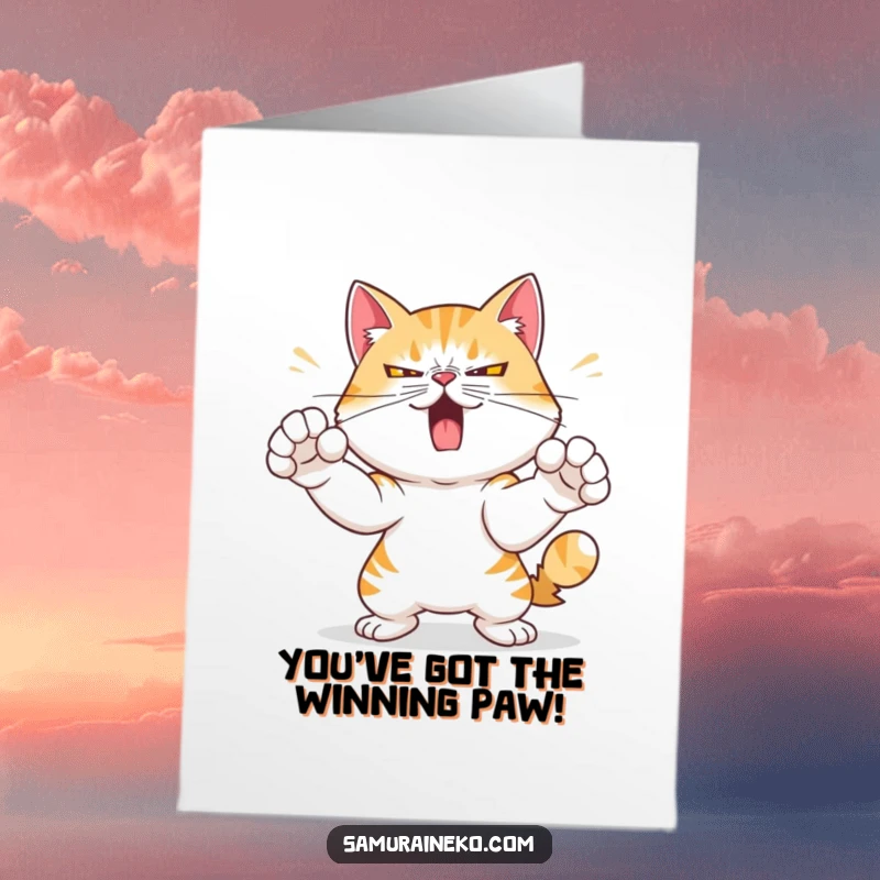 Funny Free Printable Congratulations Card: Mischievous cat with determined expression practicing swift paw strikes, celebrating success.