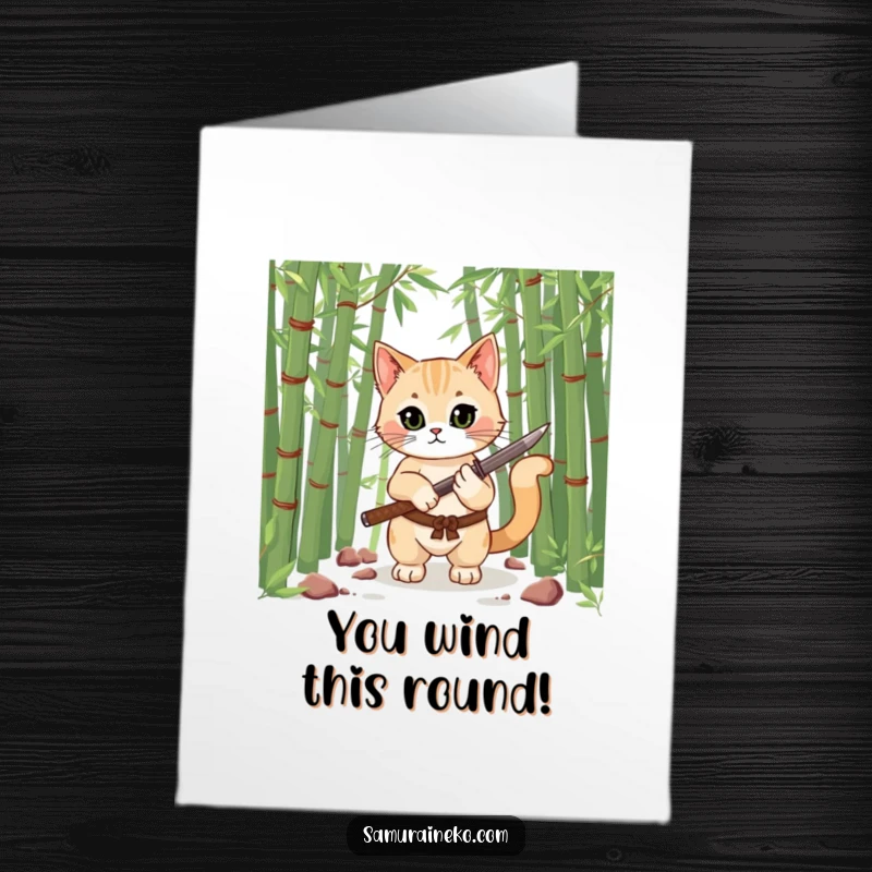 Funny Free Printable Congratulations Card showing a victorious samurai cat with a katana, ready to celebrate success.