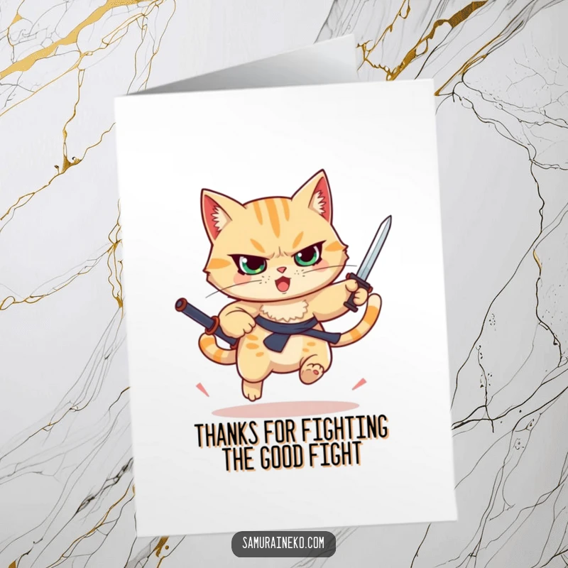 Funny Free Printable Thank You Card: A determined cat in mid-leap, sword raised, offering thanks.