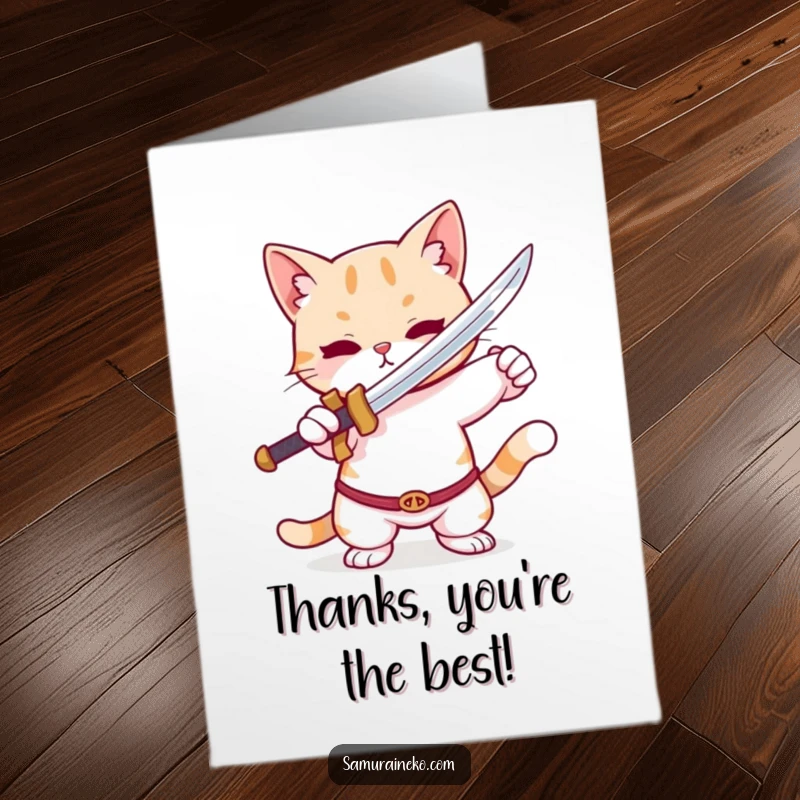 Funny Free Printable Thank You Card: A cute cat holding a tiny sword in a charming, thankful pose.