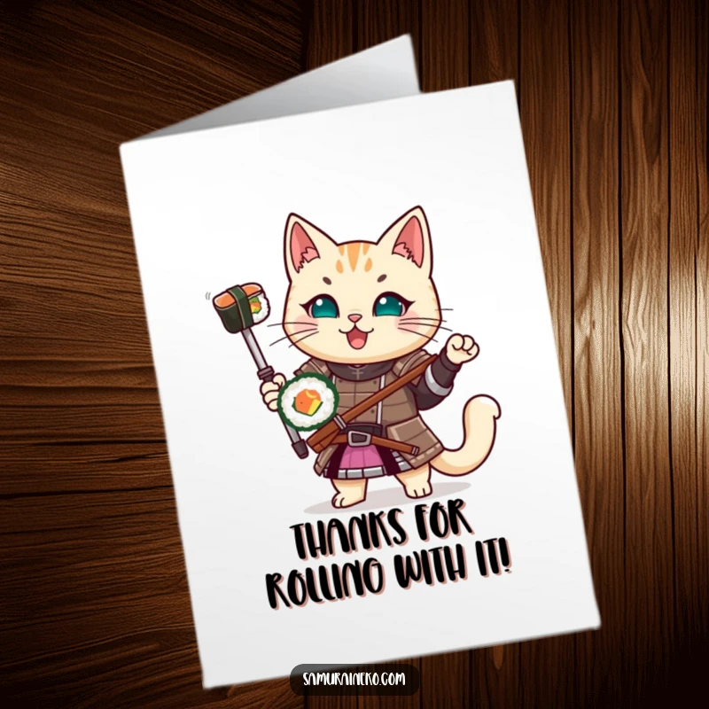 Funny Free Printable Thank You Card: A cat in samurai armor cheerfully offers a sushi roll as a thank you.
