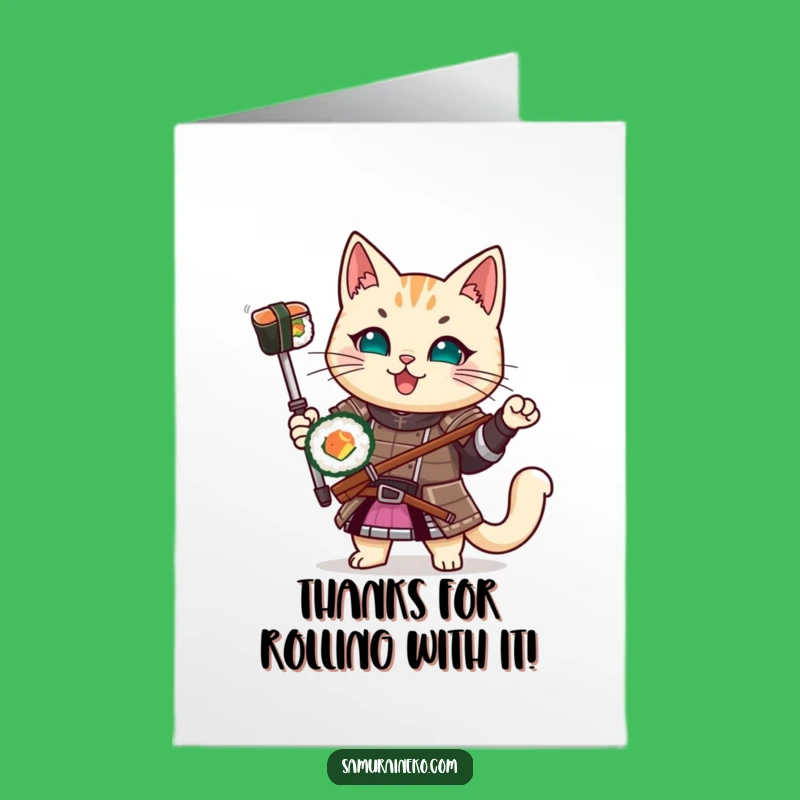 Charming Samurai Cat Sushi Free Printable Thank You Card - Cute Downloadable Gift