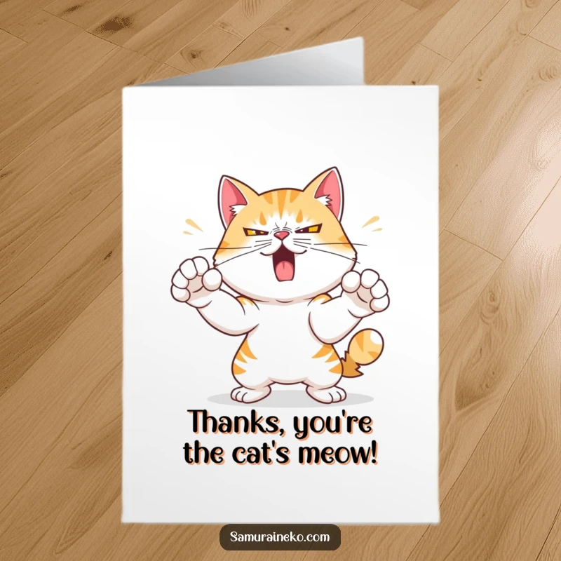Funny Free Printable Thank You Card: Mischievous cat with determined expression practicing swift paw strikes, expressing thanks.