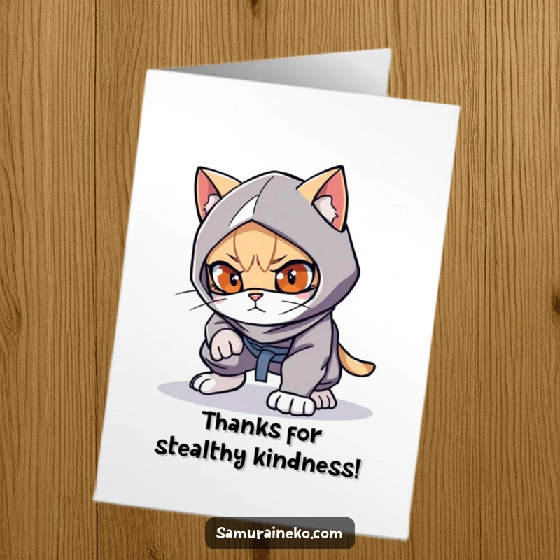 Funny Free Printable Thank You Card: A stealthy cat ninja crouched low, playful eyes focused, ready to deliver thanks with a silent nod.
