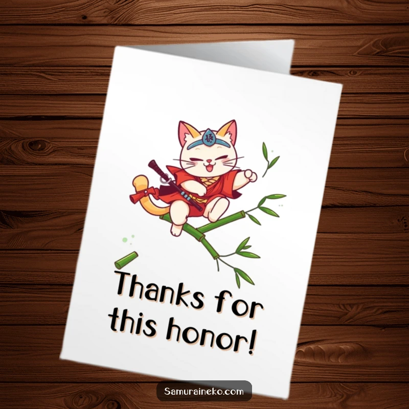 Funny Free Printable Thank You Card: A cat samurai leaping over bamboo, executing a perfect flourish to express elegant and heartfelt thanks.