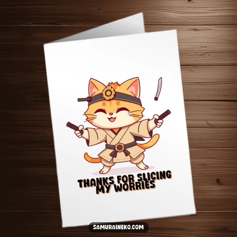 Funny free printable thank you card: A smiling cat samurai offers thanks with a flair for juggling katanas.