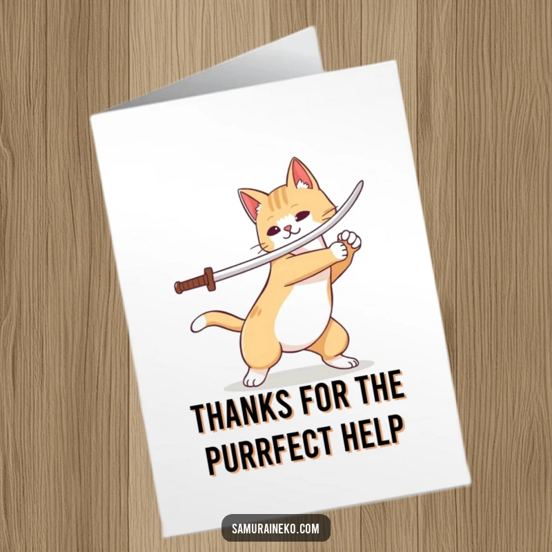 Funny Free Printable Thank You Card: A thankful cat performs a gentle sword flourish, expressing gratitude with a wagging tail.