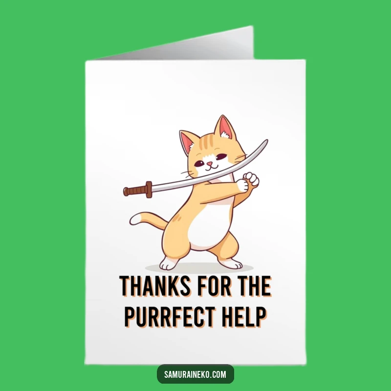 Free Printable Funny Thank You Card: Grateful Cat Swordsman - Downloadable Gift