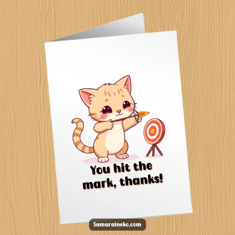 Free Printable Thank You Card: A determined cat archer takes aim with a tiny arrow, offering thanks in a humorous way.