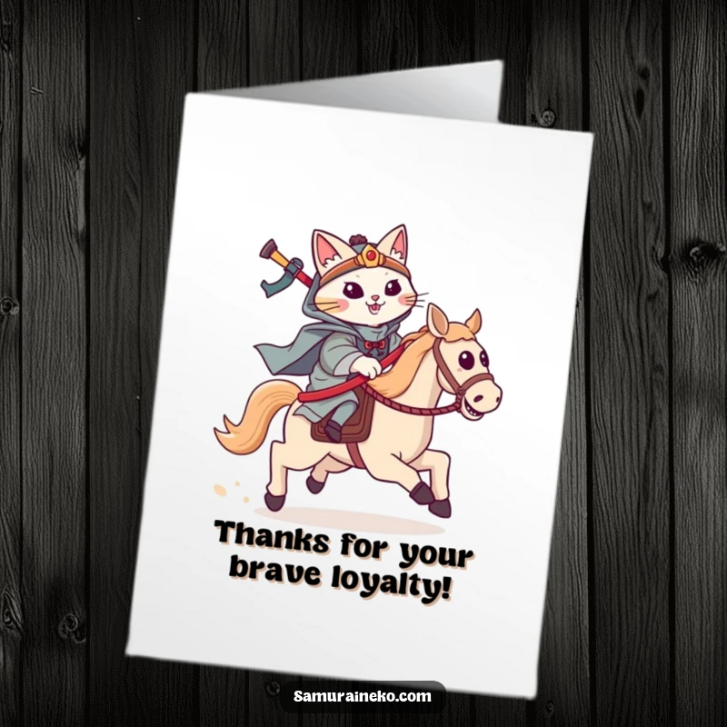 Funny Free Printable Thank You Card: A brave cat samurai, mounted on a hobby horse, charging forward thankfully.