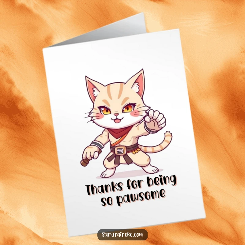 Funny Free Printable Thank You Card: A powerful yet adorable cat warrior strikes a majestic pose in thanks.