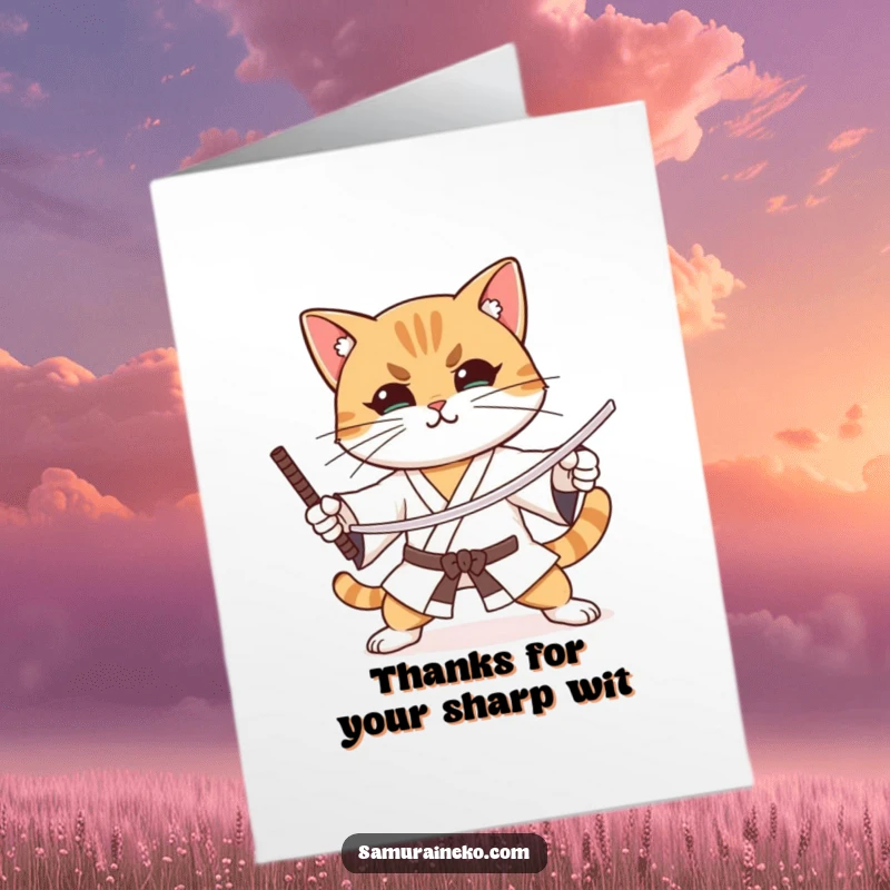 Funny Free Printable Thank You Card: A cat practices sword stances with extreme concentration and a hint of a smile.