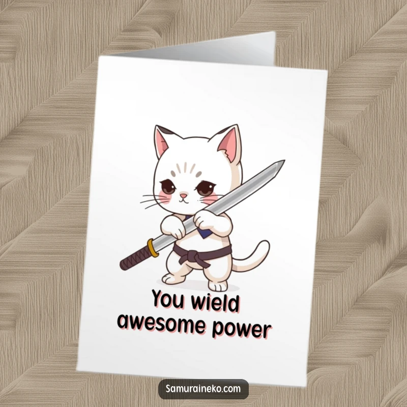 Funny Free Printable Thank You Card: A proud cat ninja sheathes its miniature sword, offering thanks.