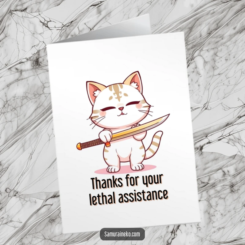 Funny Free Printable Thank You Card: Cat samurai sharpening sword, offering a grateful and focused expression.