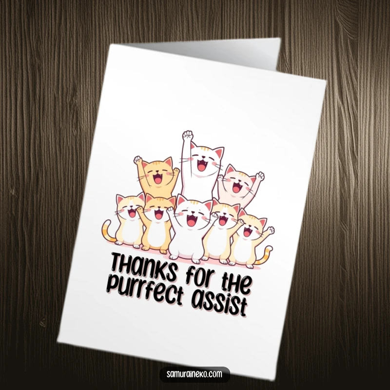 Funny Free Printable Thank You Card, a joyful group of cats celebrating with raised paws and happy shouts, expressing heartfelt thanks.