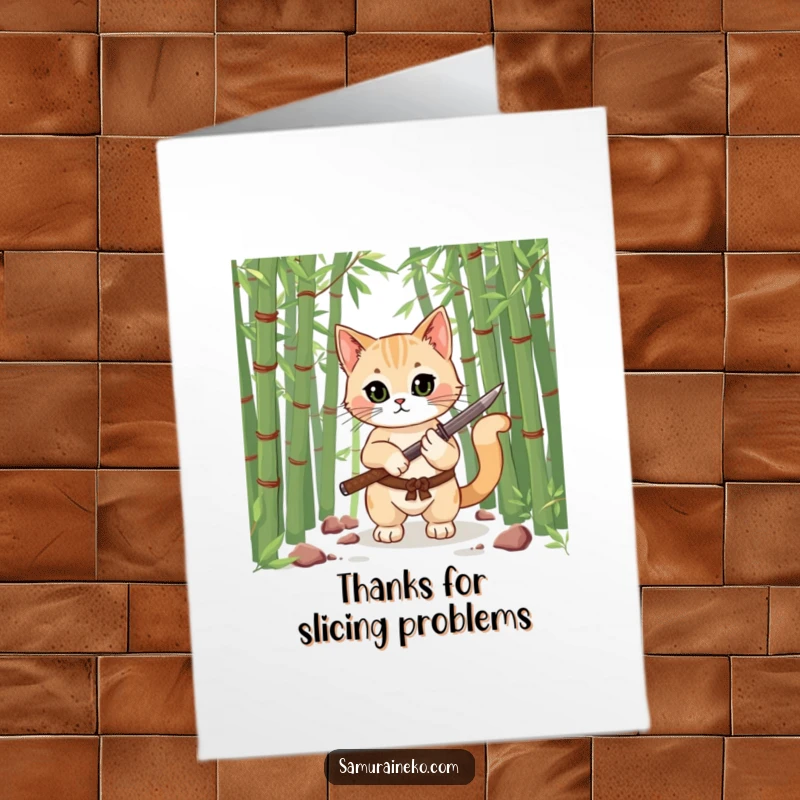 Funny Free Printable Thank You Card featuring a polite samurai cat holding a miniature katana, expressing gratitude.