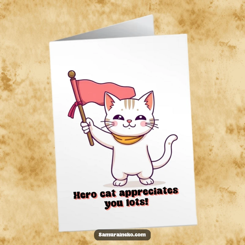 Funny Free Printable Thank You Card: A courageous cat strikes a pose with a vibrant banner, conveying heartfelt thanks with a touch of humor.