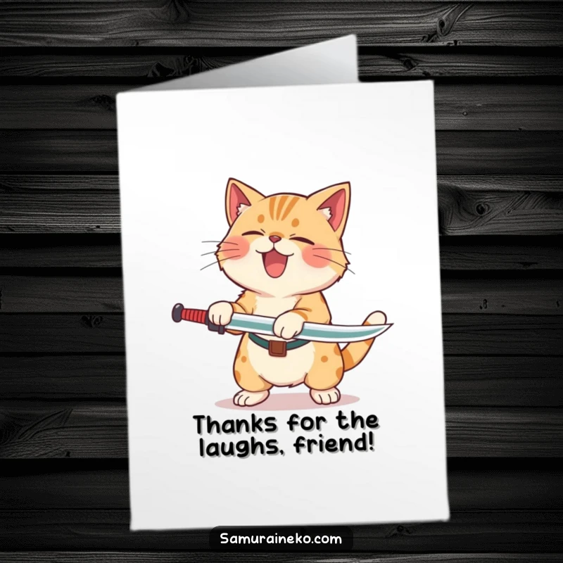 Funny Free Printable Thank You Card: A cat rolling with laughter, having just completed a funny and clumsy sword swing, expressing thanks.