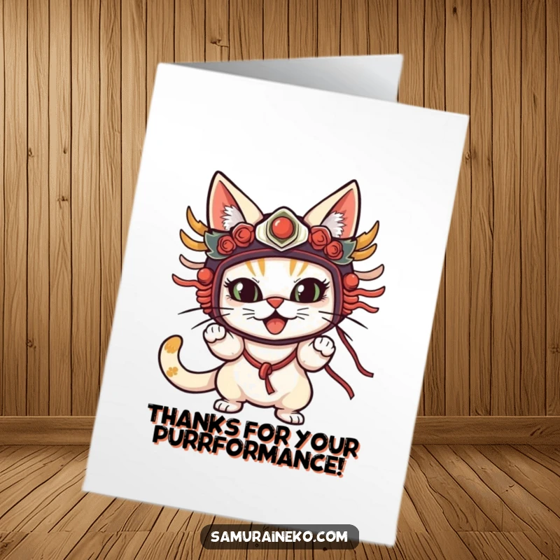 Funny Free Printable Thank You Card: A cat in a traditional mask striking a funny, theatrical pose to express sincere thanks.