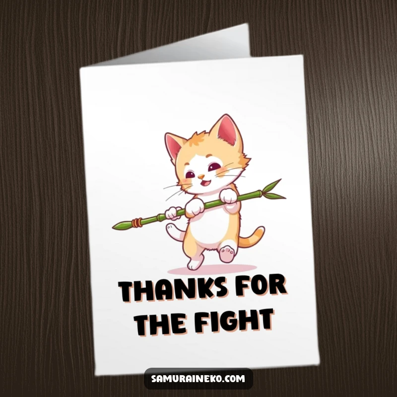 Funny Free Printable Thank You Card featuring a mischievous kitten somersaulting with a miniature bamboo spear, a bold way to say thanks.