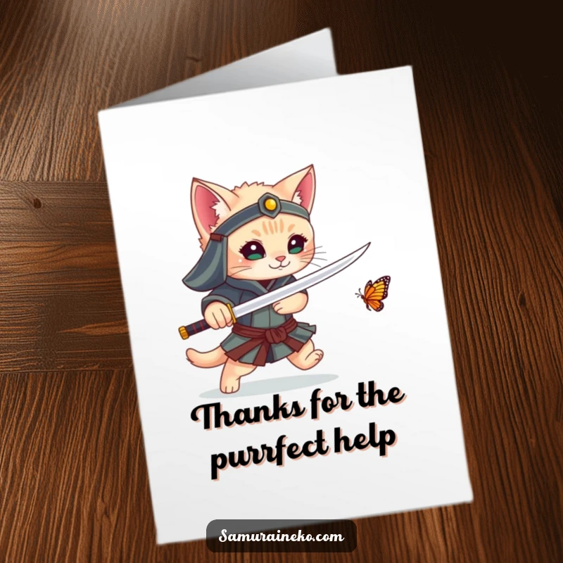 Funny Free Printable Thank You Card: A kitten samurai is depicted playfully chasing a butterfly with its sword.