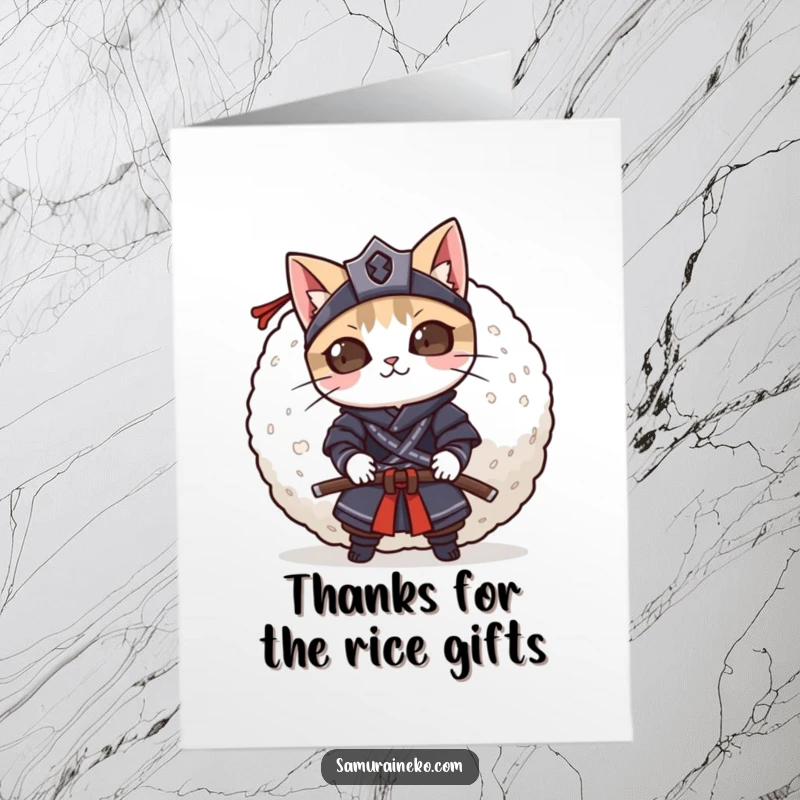Funny Free Printable Thank You Card: Mischievous cat samurai peeking out from behind a giant, perfect rice ball.