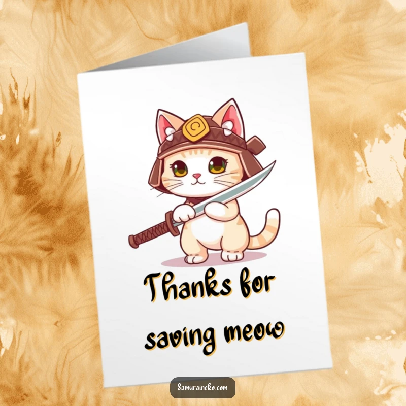 Funny Free Printable Thank You Card: A tiny samurai cat poses with its sword drawn, ready to deliver thanks.