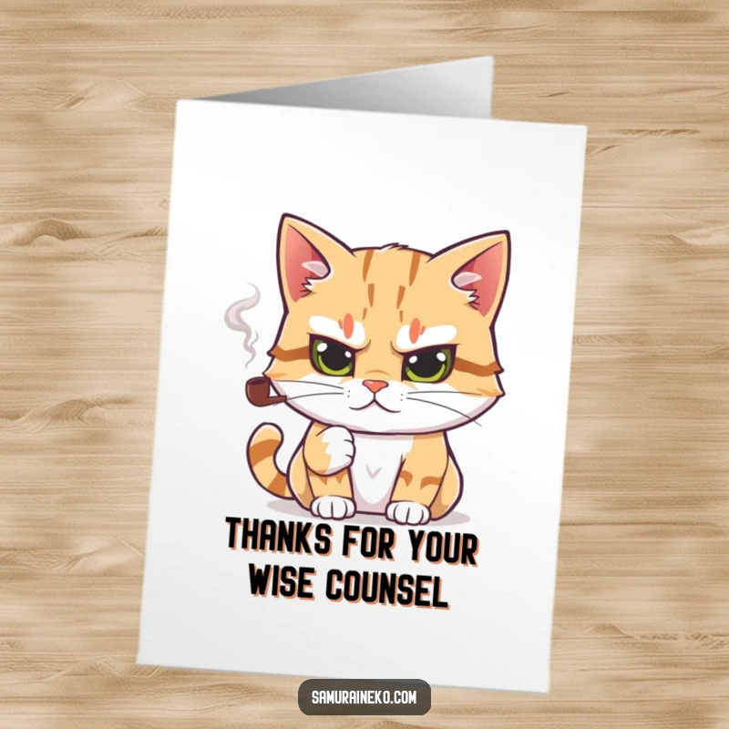 Funny Free Printable Thank You Card: Cat with a Tiny Pipe and Determined Gaze Saying Thanks
