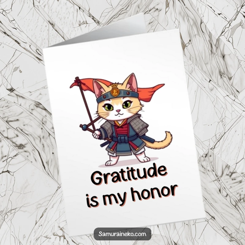 Funny Free Printable samurai cat card striking a noble pose, conveying thanks with unexpected humor.