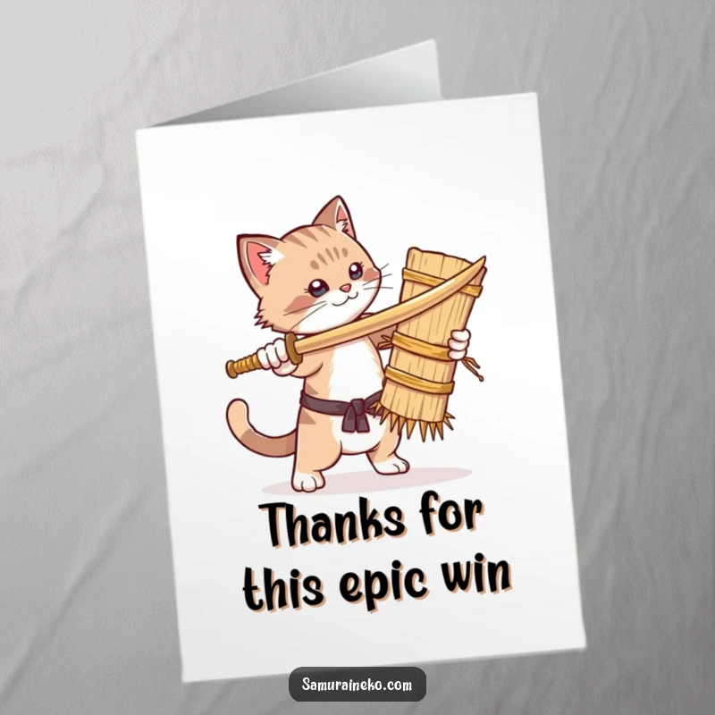 Funny Free Printable Thank You Card: A playful cat poses with a wooden sword after a mock battle.
