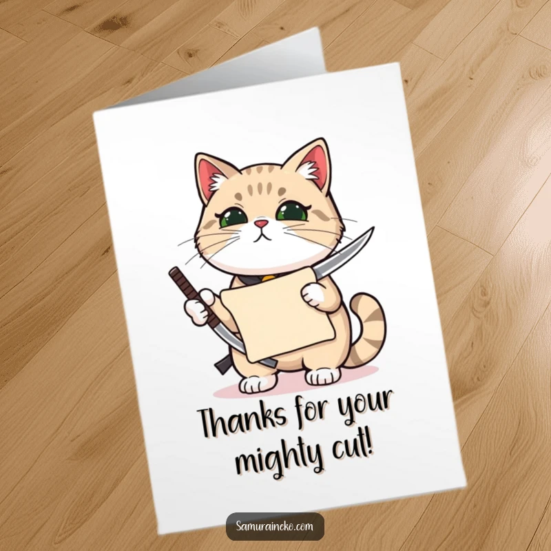 Funny free printable thank you card: A proud cat holds a tiny katana, carrying a small scroll with dignity.