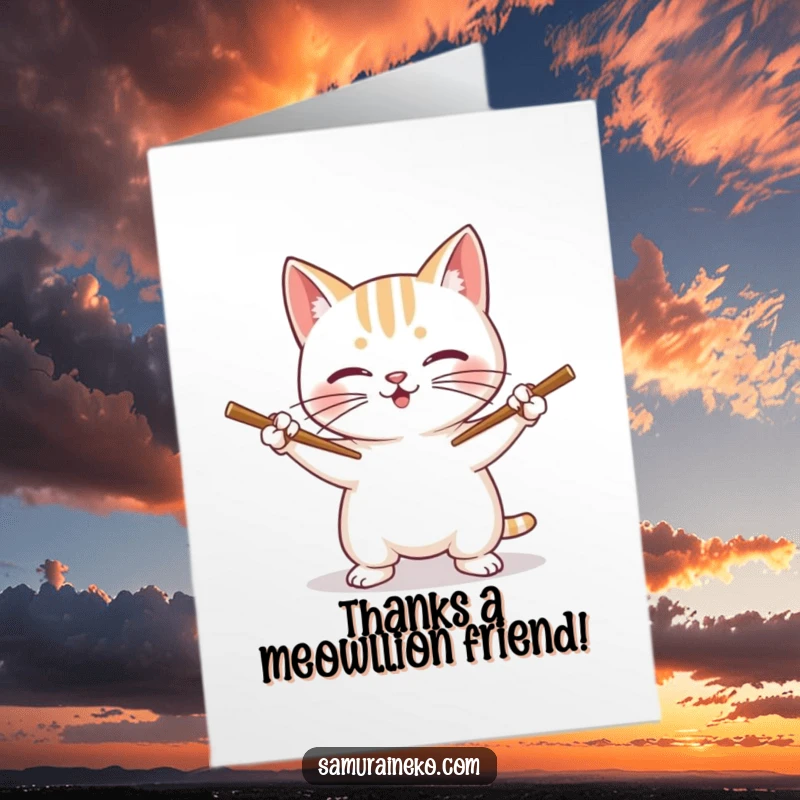 Funny free printable thank you card depicting a heroic cat expertly wielding chopsticks like miniature swords with a grateful expression.