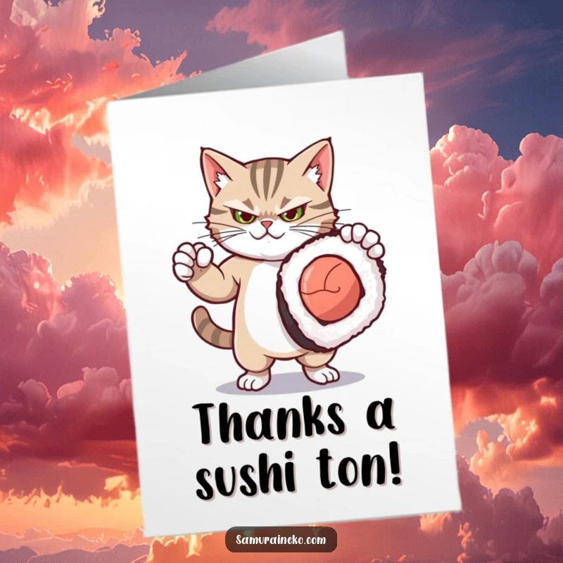 Funny Free Printable Thank You Card: Fierce kitty striking a dramatic pose with a comically oversized sushi roll, expressing gratitude.