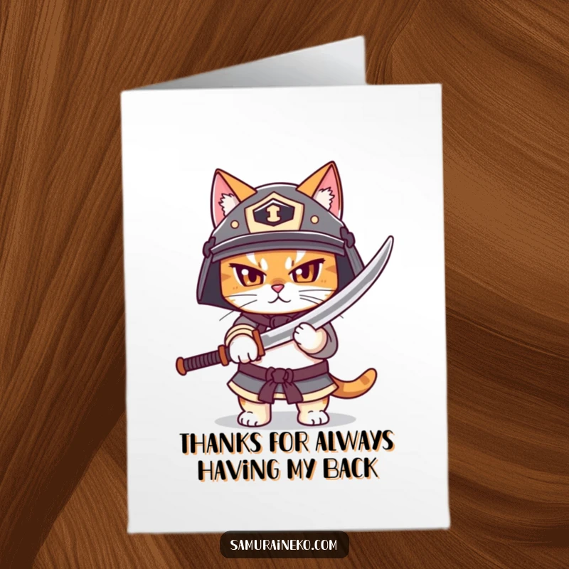 Funny Free Printable Thank You Card: Helmeted Cat Warrior Holding a Small Katana in Thanks