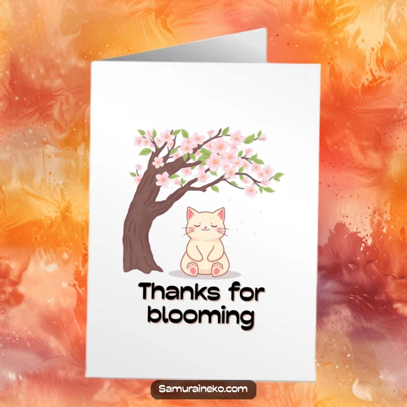 Funny Free Printable Thank You Card: A smiling cat meditating peacefully beneath a cherry blossom tree.