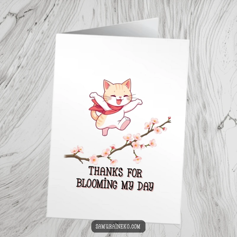 Funny Free Printable Thank You Card: A cat hero makes an elegant leap over a fallen cherry blossom branch, conveying thanks with style.