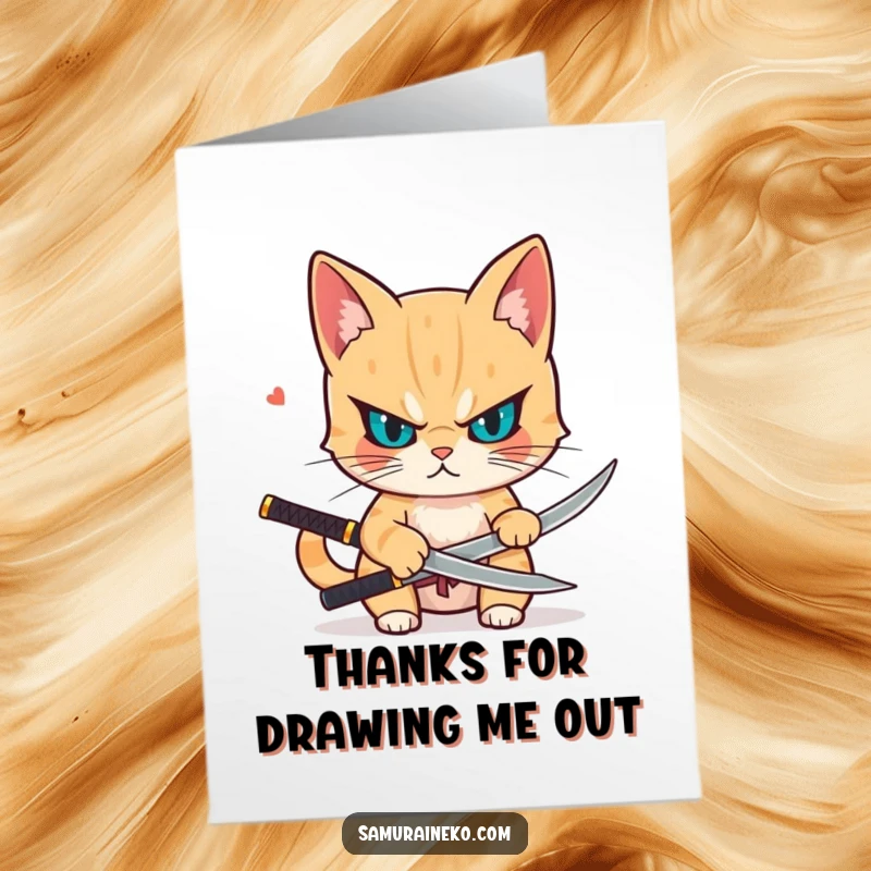 Funny Free Printable Thank You Card with a determined cat drawing a small katana, conveying focused appreciation.