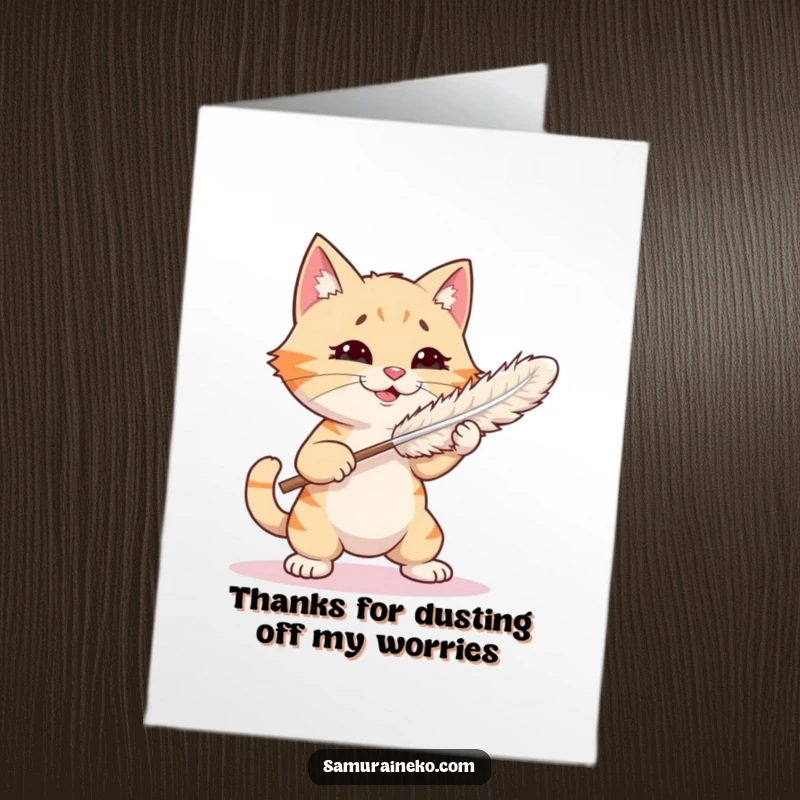 Funny Free Printable Thank You Card: A cat playfully wrestles with a feather duster, a whimsical depiction of gratitude and fun.