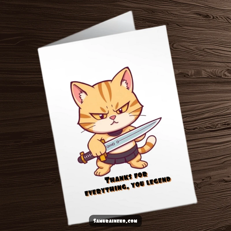 Funny free printable thank you card of a cat determinedly sharpening a tiny sword, expressing deep gratitude.