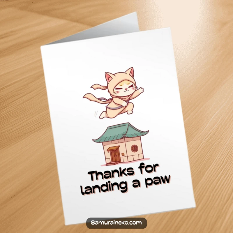 Funny Free Printable Thank You Card: A cat ninja performs a graceful rooftop leap to express thanks.