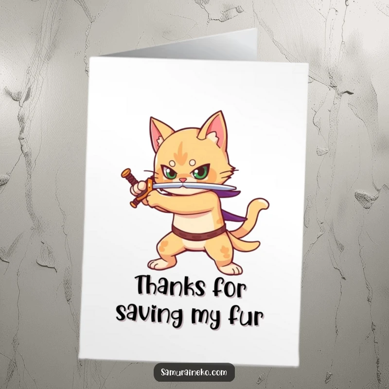 Funny Free Printable Warrior Cat Thank You Card, sword sheathed after a valiant effort, expressing noble gratitude with honor.