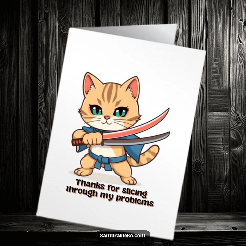 Funny Free Printable Thank You Card: Cat samurai in a confident pose, katana ready, expressing gratitude.