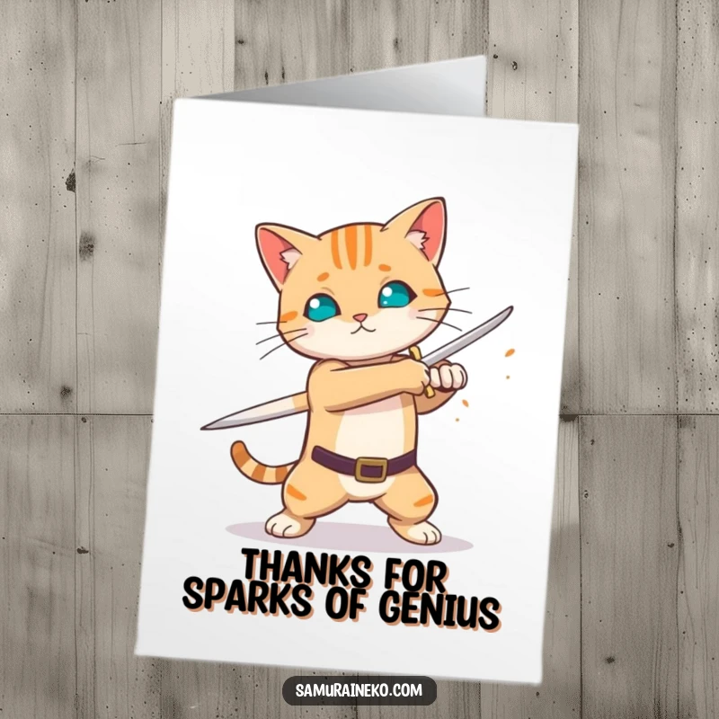 Funny Free Printable Thank You Card: A cat swings a sword, creating dazzling sparks, offering thanks.