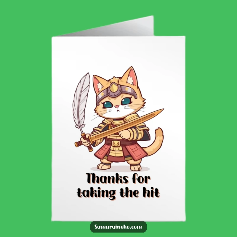 Free Printable Thank You Card: Samurai Cat Feather Duel - Funny Downloadable Gift Greeting