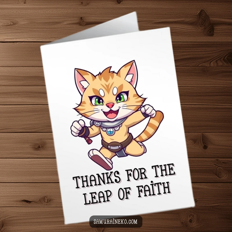 Funny Free Printable Thank You Card: A warrior cat leaps with a determined yet happy grin, expressing thanks.