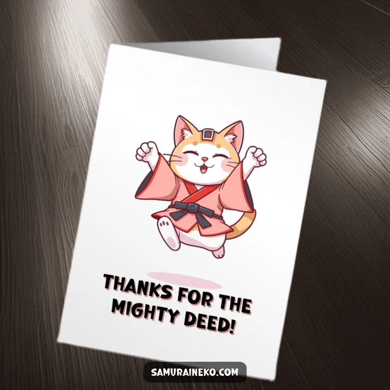 Funny free printable thank you card: A cat in Japanese samurai gear performs an impressive, triumphant leap.